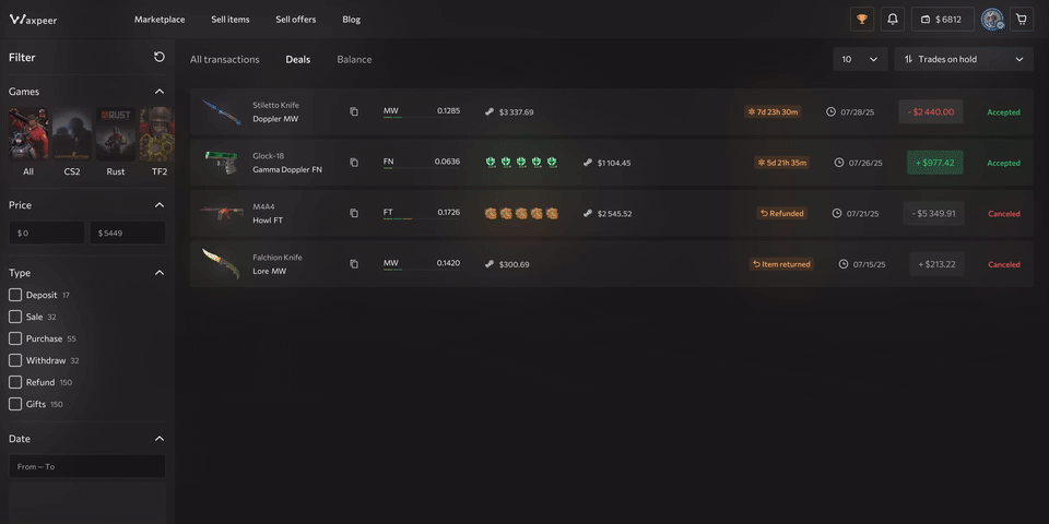 Waxpeer Transactions Page